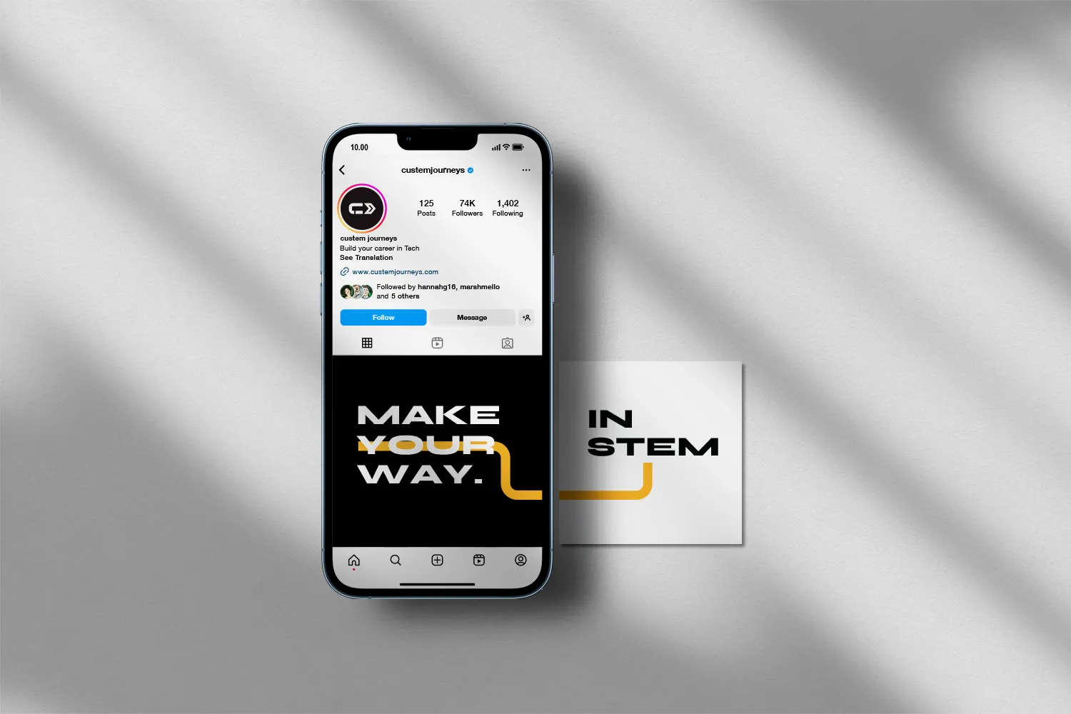 iPhone mockup showing a cuSTEM Journeys social media carousel post design