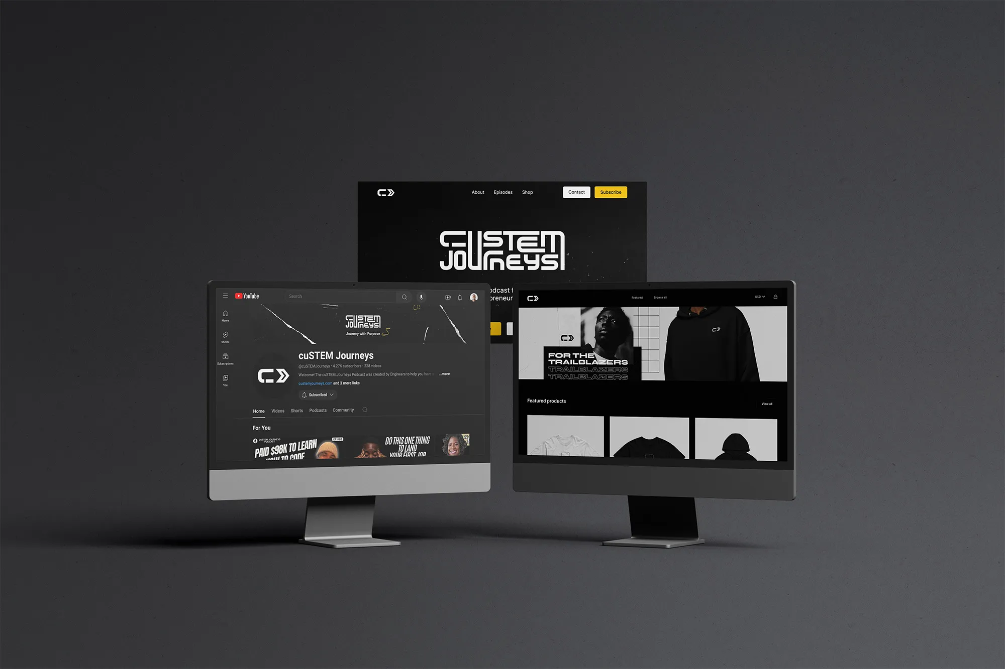 Combined view of screens for the cuSTEM Journeys website, YouTube channel, and ecommerce shop