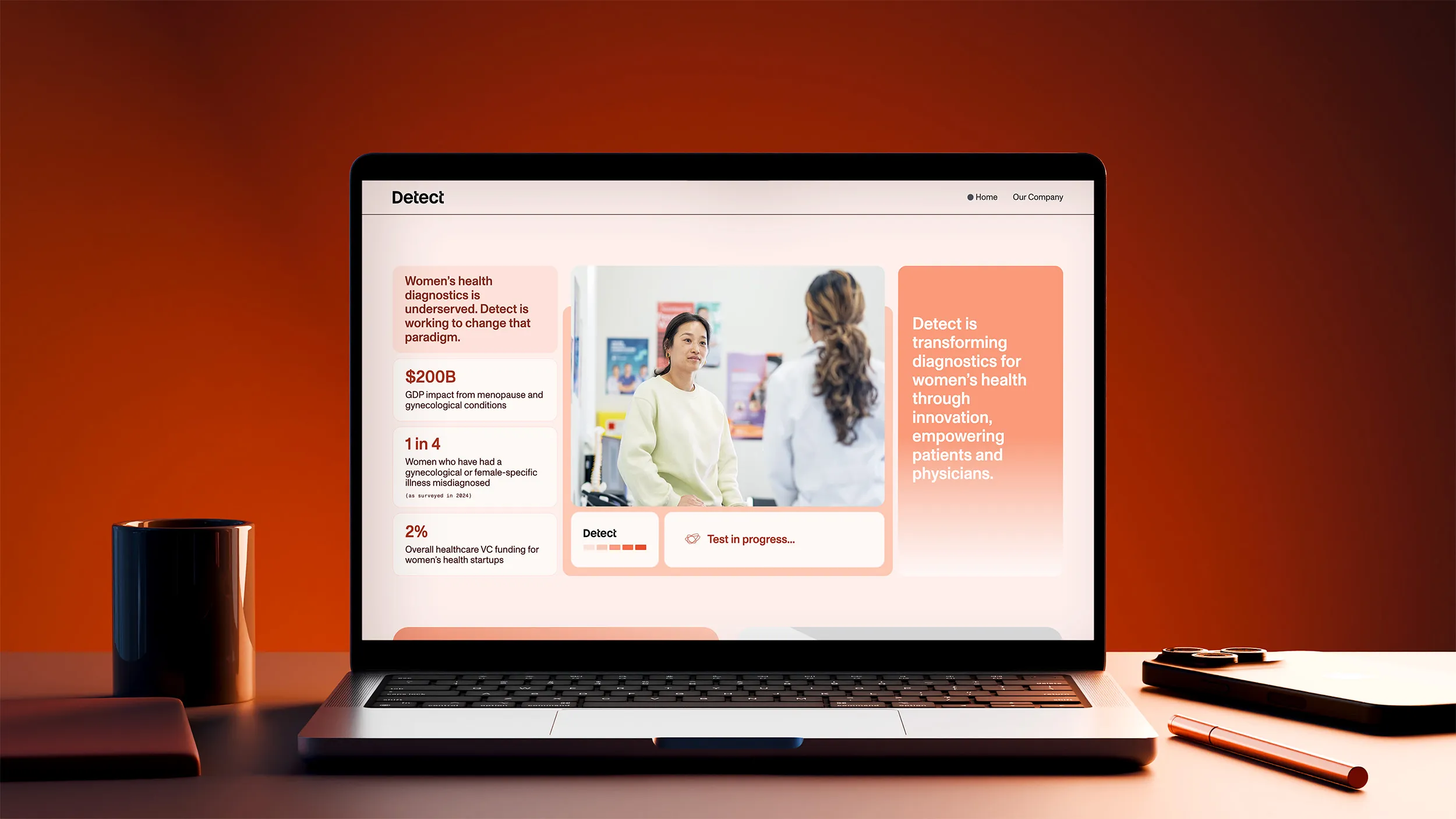 A laptop sitting on a countertop shows the Detect website homepage