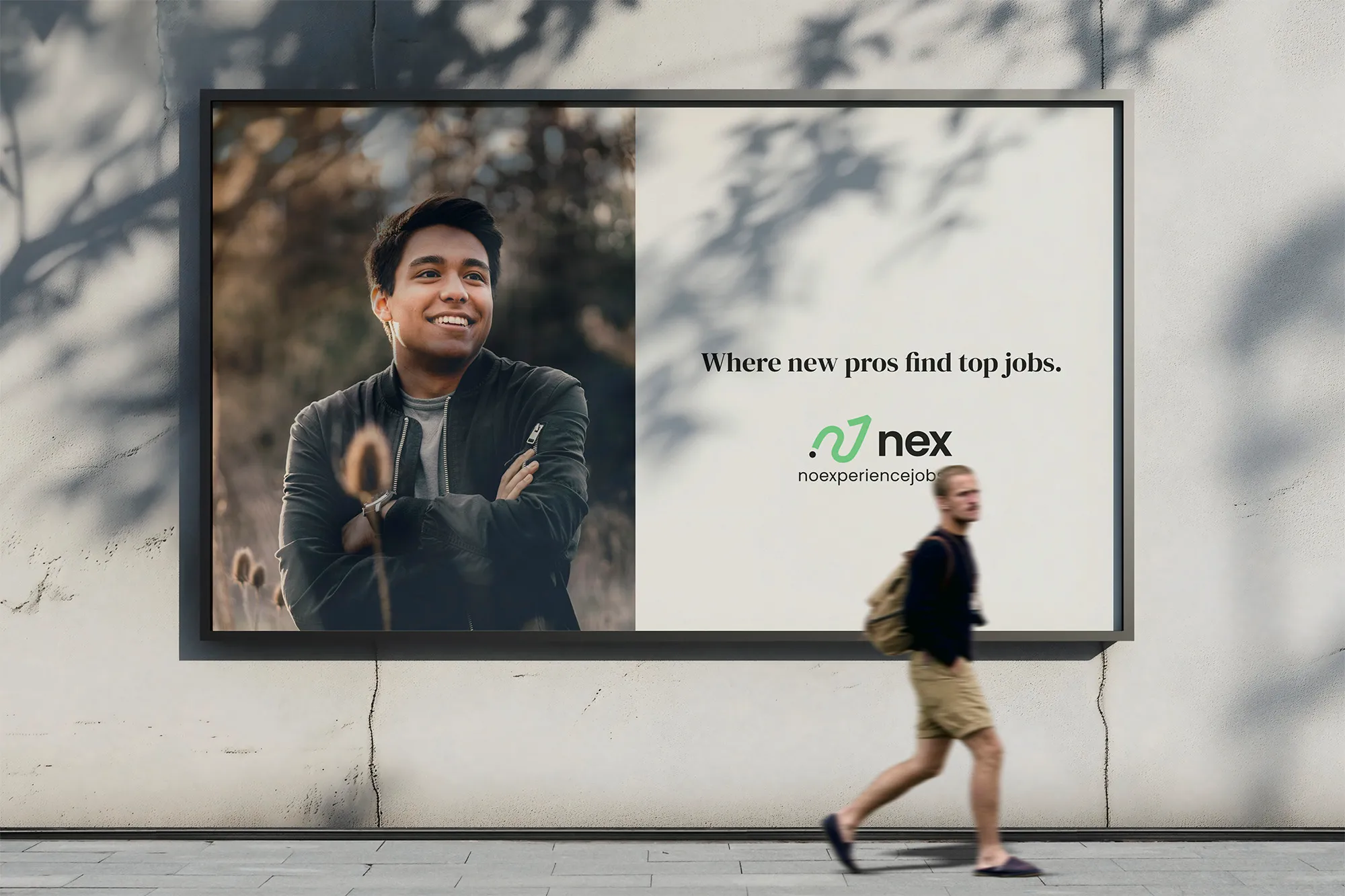 Large outdoor billboard advertisement for NoExperienceJobs.io positioned on a city sidewalk