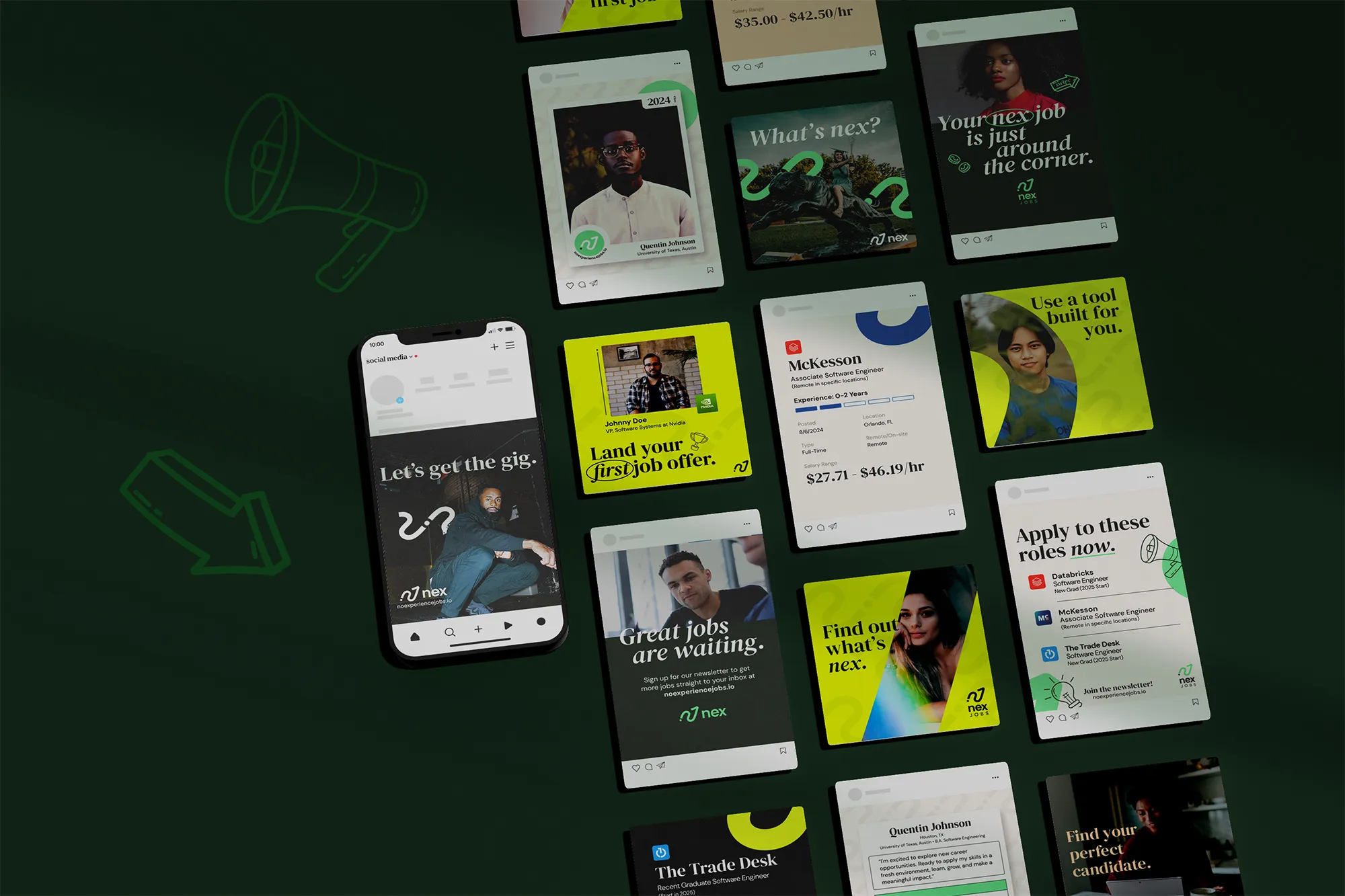 Collection of social media template designs for the NoExperienceJobs.io brand