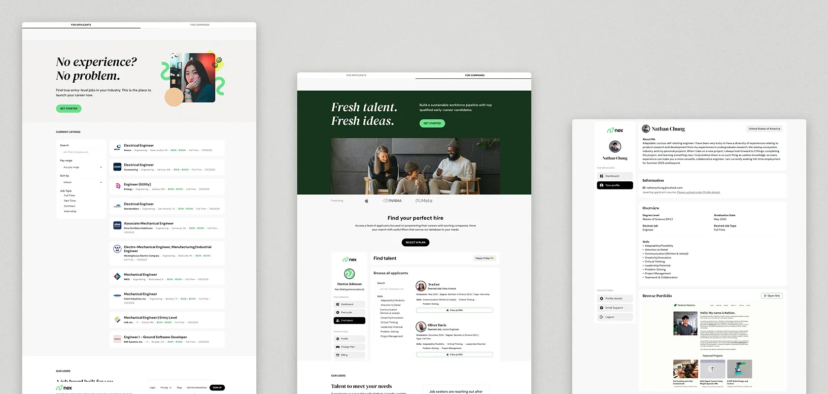 Screenshots showcasing various pages of the NoExperienceJobs.io website design