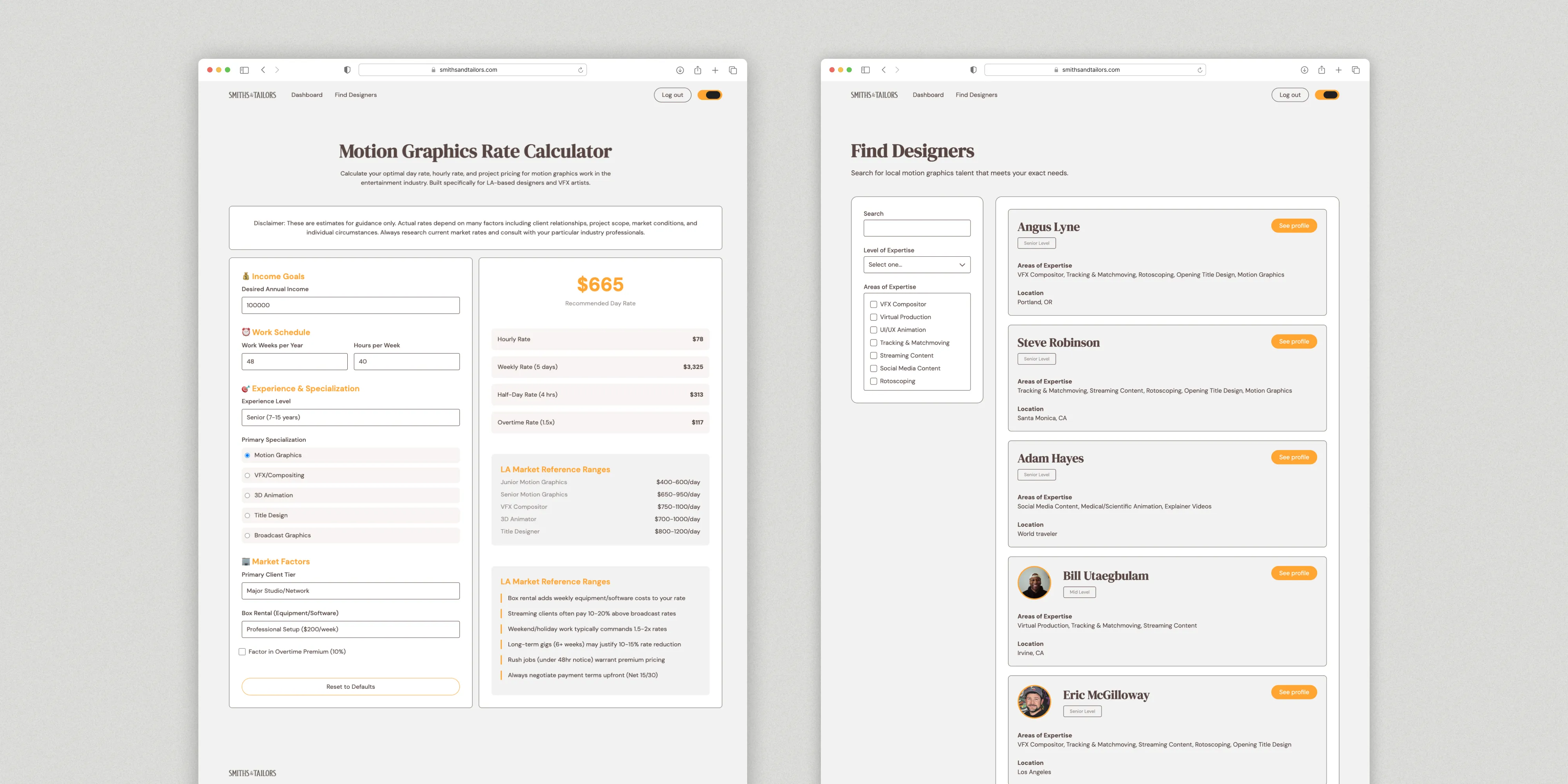 Screen captures for the designer rate calculator and the designer search feature.